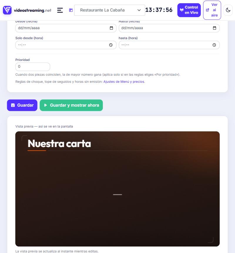 Editor de una pieza con la vista previa en vivo