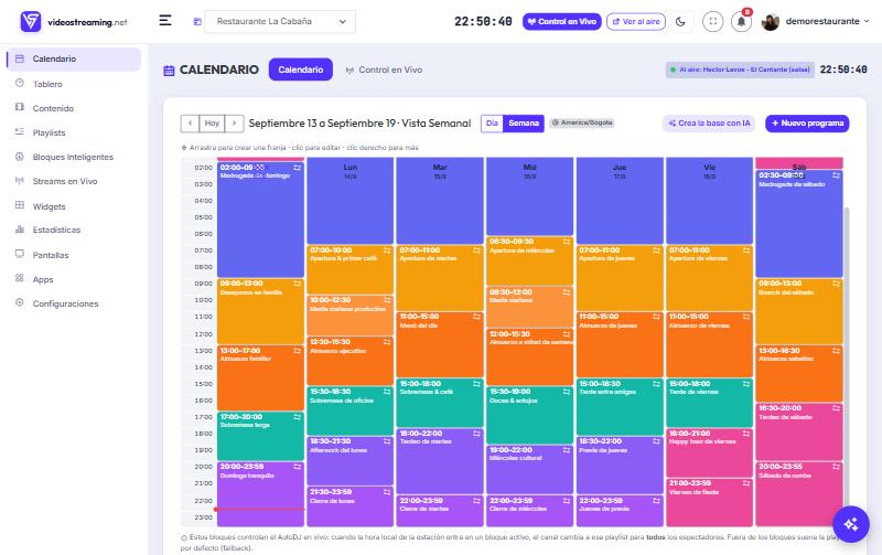 Vista semanal del Calendario con franjas por día