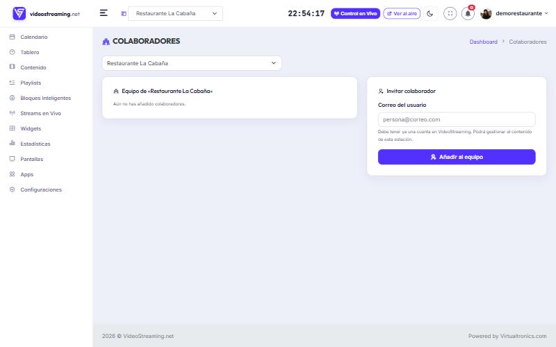 Página de Colaboradores con el equipo y la invitación