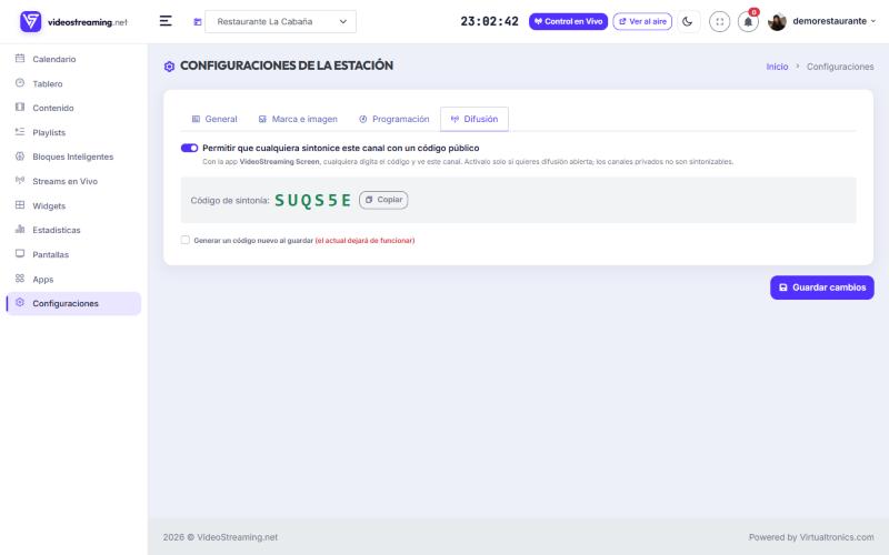 Pestaña Difusión con el código de sintonía