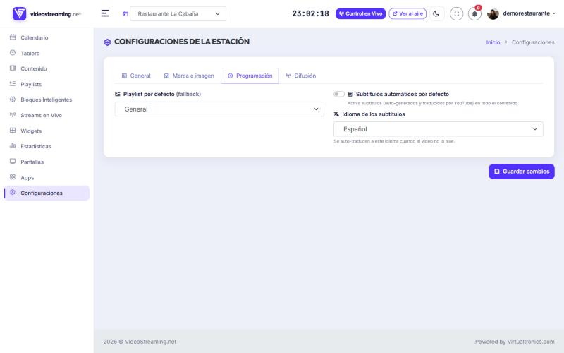 Pestaña Programación con playlist por defecto y subtítulos