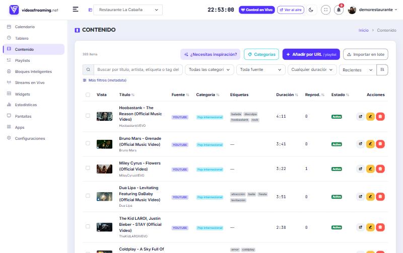 Biblioteca de Contenido con filtros y tabla de videos