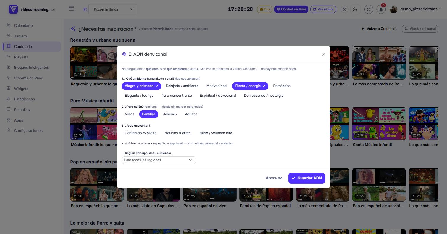 Panel El ADN de tu canal con las opciones de ambiente