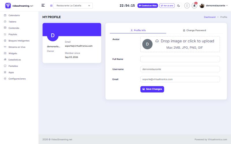 Página de Perfil con datos, contraseña y avatar