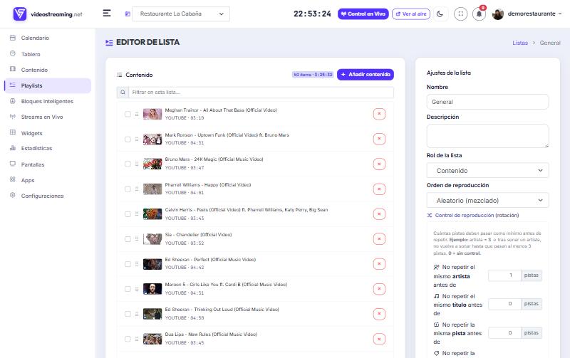 Editor de lista con los ítems y el panel de ajustes