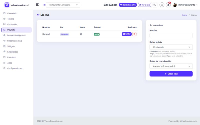 Página de Playlists con la tabla y el formulario de nueva lista