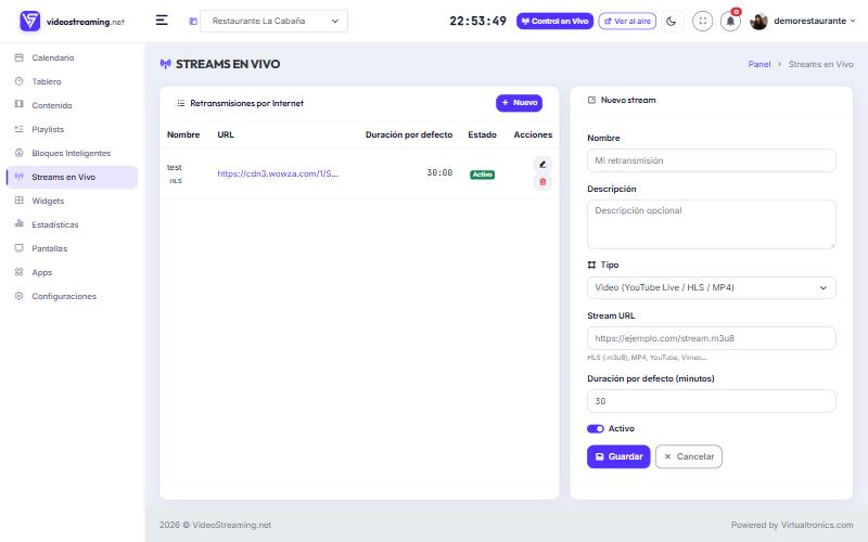 Página de Streams en Vivo y formulario de nuevo stream