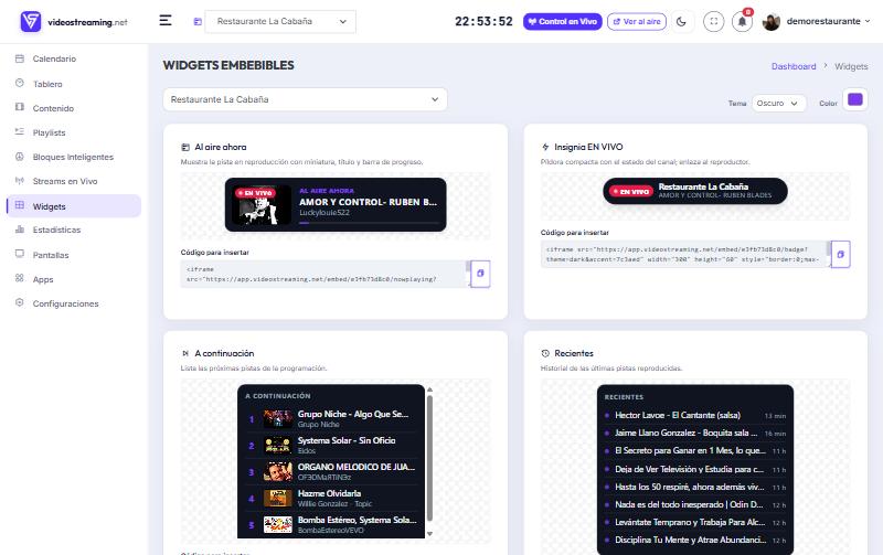 Página de Widgets con las tarjetas y el código para insertar